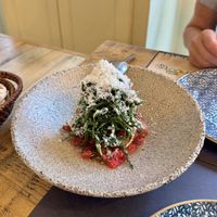 Saltwort with vegan feta and watermelon tartare   at roots in Thessaloniki