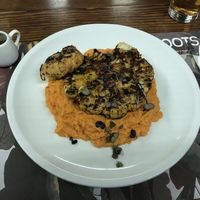 Cauliflower Steak with sweet potatoe mush at roots in Thessaloniki