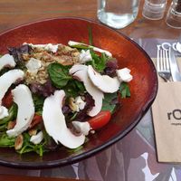 Green salad with tomatoes mushrooms walnuts vegan gorgonzola and basil-lime dressing. Amazing! at roots in Thessaloniki