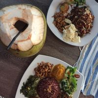 Nasi goren (top) and nasi campur with 7 items  at Wulan Vegetarian Warung in Ubud