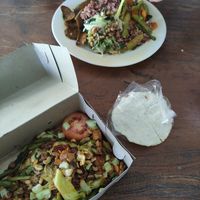 Spicy tempeh dish (front) and curry (back) at Wulan Vegetarian Warung in Ubud