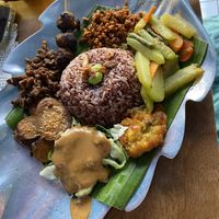 7 different vegetables and tempeh  at Wulan Vegetarian Warung in Ubud