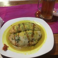Savoury veg stuffed pancakes and lemon ginger tea  at Wulan Vegetarian Warung in Ubud