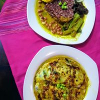 Delicious savoury pancake and tempeh curry. Both amazing, but a pancake is a winner. at Wulan Vegetarian Warung in Ubud