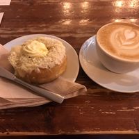 Tropical donut and oat latte at Brew Lab in Edinburgh