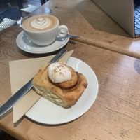 oat latte and cinnamon bun  at Brew Lab in Edinburgh