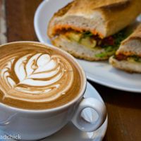 Soya mocha and romesco, roasted tomato, artichoke, rocket baguette. All vegan! at Brew Lab in Edinburgh