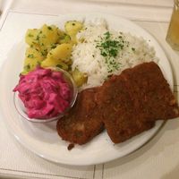 Seitan steaks with potatoes, jasmine rice and maionese with beet (delicious!). at Napfenyes Bistro in Budapest