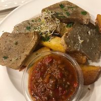seitan cutlets with salsa and steak fries - tasty but not omg tasty at Napfenyes Bistro in Budapest