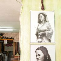 Andu Cafe Interior design - drawings of traditional Ethiopian people at Andu Caffe in East London
