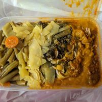 Takeaway rice box at Andu Caffe in East London