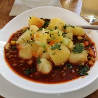Pea gulasch with potatoes in the lunch menu at triVida in Klagenfurt