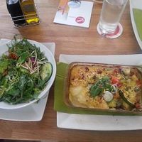 Salad and potato/veggie dish at triVida in Klagenfurt