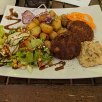 Soya patties with fried potatoes at triVida in Klagenfurt