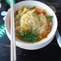 The yellow noodle in curry soup, good stuff! Be sure to ask them to replace the yellow noodle with white if you are vegan, as yellow noodles are made with egg. at Mild cafe in Chiang Mai