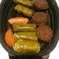Stuffed vine leaves and falafels (vine leave mezze vegan) at Oranaise Cafe in Leeds