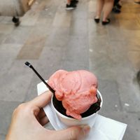 Strawberry sorbet and vegan dark chocolate gelato at Gelatoteca SuSo in Venice
