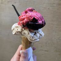 hazelnut and raspberry/dark choc on cone!  at Gelatoteca SuSo in Venice