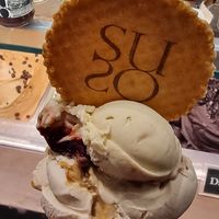 Noce fico (walnut and fig) and marostica (pistachio with cherries) flavours  at Gelatoteca SuSo in Venice