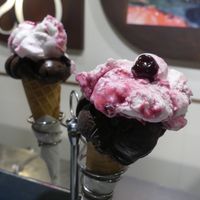 Chocolate sorbet and ‘Vegano’ cherry ice cream at Gelatoteca SuSo in Venice