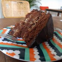 Chocolate cake 💜🎂 at Taller Veganico in Monterrey