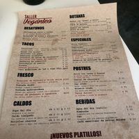 Menu at Taller Veganico in Monterrey