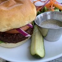 Veggie burger with a salad. One of the best veggie burgers I’ve EVER had! Veganized it (vegan aoli and no cheese)  at Chef's Bistro in North Conway