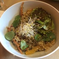 Quinoa and veggies with teriyaki sauce with fried mashed peas at Bio Bento in Barcelona