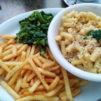Mac-n-cheez with fries, greens and a little pesto at Veg Bar in South West London