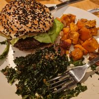 Burger, sweet potatoes, and kale at True Food Kitchen in Atlanta