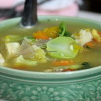 "Local Soup". The broth tasted fermented, so it´s not for everybody´s taste.  at Bamboo Bee Vegetarian in Chiang Mai