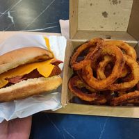 parma burger and onion rings at Lord of the Fries - Southern Cross Station in Melbourne