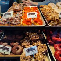 Top Row - Chocolate Dipped, Creme Brulee, and Apple Fritter at Donut Bar in San Diego