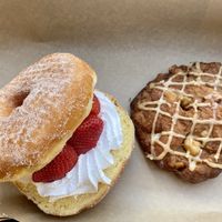 Strawberry split and fritter at Donut Bar in San Diego