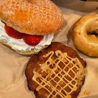 vegan donuts (fresh strawberry split, cake  & apple fritter)  #Veganuary at Donut Bar in San Diego