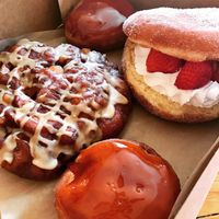 Creme brûlée, apple fritter and strawberry split at Donut Bar in San Diego