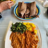 Number one shiro, spicy red lentils goommen kale and mix vegetables. at Kaffa Ethiopian Cuisine in Berkeley