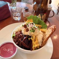 Tempeh Bowl w/beets, pumpkin, hummus, cashew cheese and tons more….   at Backyard Cafe - Riverside in Phnom Penh