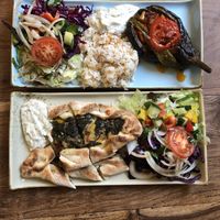 Stuffed aubergine and pide at Erbils in Munich