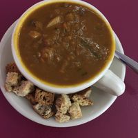 Coconut curry vegetable soup with homemade croutons  at Willows Plant-Based Eatery in Concord