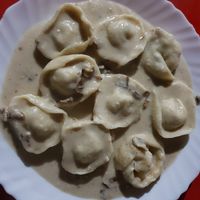 vegan tortelloni with tofu filling and mushroom sauce at Vegan and Raw in Varanasi