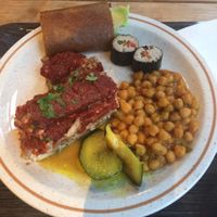 My plate. Cost about 15€. It includes the lasagna (very nice), and the chickpeas were in a curry sauce (my favourite item on the plate).  at Moonfood  in Brussels