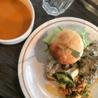 delicious soup & vegan burger with the selection from buffet  at Moonfood  in Brussels