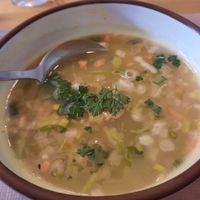 This was described as "Miso soup" but I'd call it lentil soup at Integral Figueres in Figueres