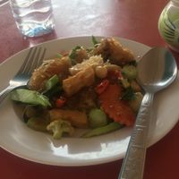 Mushroom, glass noodle, holy basil. Spice number 4  at Vegetarian Food - Maenamkwai Rd in Kanchanaburi