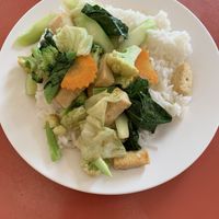 Steamed Rice and Stir Fried Vegetable and Tofu. 10 out of 10  at Vegetarian Food - Maenamkwai Rd in Kanchanaburi