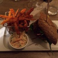 Bean burger with sweet potato chips and coleslow sallad at Happy M Kitchen in Gothenburg