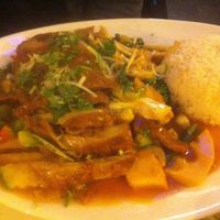 Vegetables and rice with vegan duck. Very good. at Chay Viet in Dresden