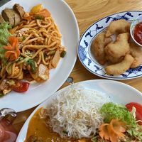 Top: udon noodles with TomYum sauce and vegan duck. Bottom: rice noodles with mango curry sauce and vegan duck. Right: shrimpz   at Chay Viet in Dresden