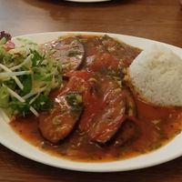 New dish: Vegan Tuna (Seitan with Nori algae) with hot tomato sauce at Chay Viet in Dresden